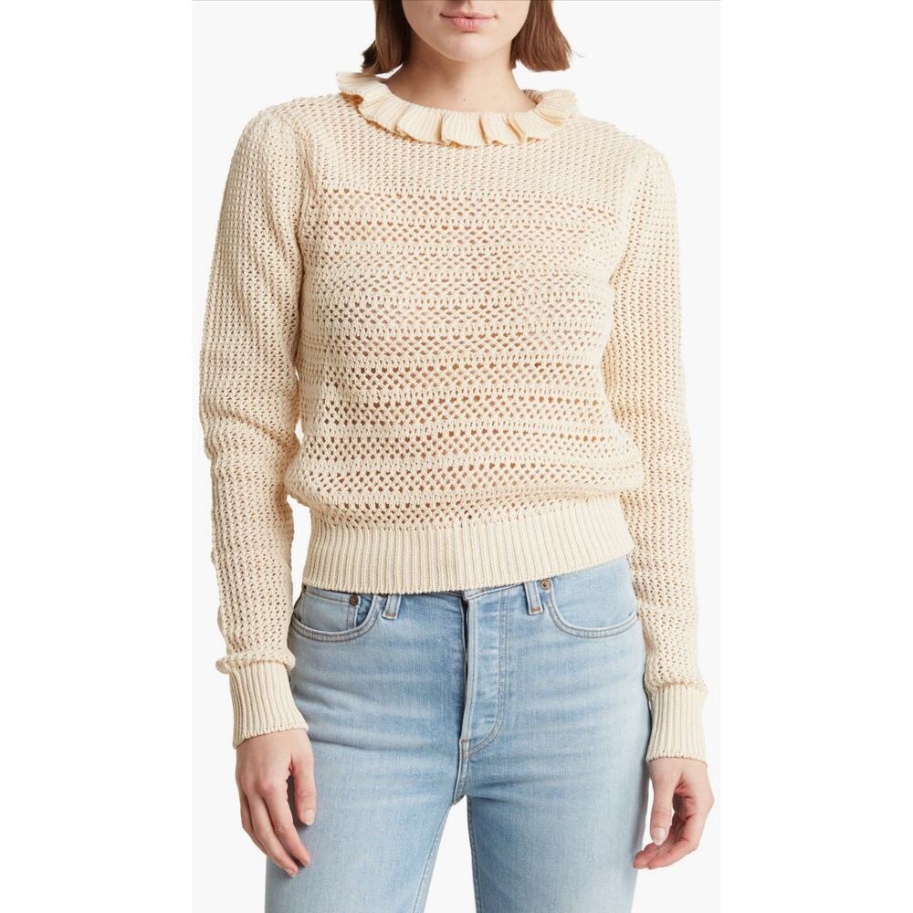 7 For All Mankind Openwork Ruffle Neck Sweater in Oatmeal Size XS
